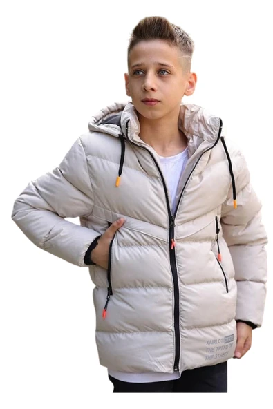 Erkek Çocuk Önü Fermuar Cepli Kapüşonu Çıkabilen Bej Renk Mont - 2