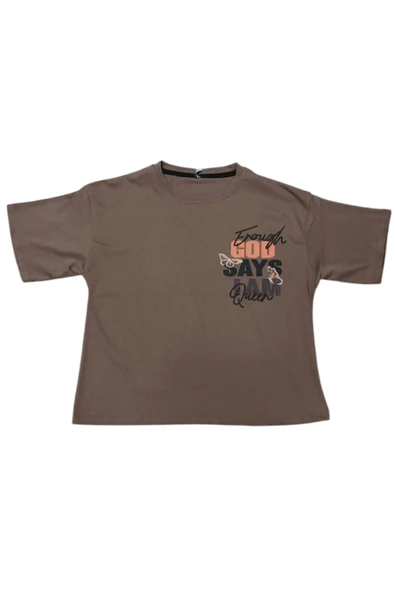 Kız Çocuk God Says Önü Arkası Desenli Oversize Kahverengi Tişört