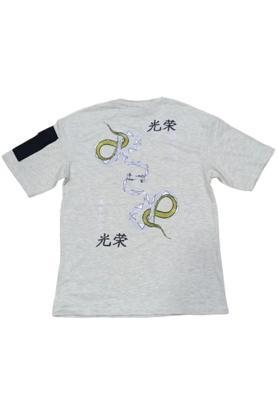 Erkek Çocuk /kız Çocuk Önü Yazı Sırtı Yılan Desenli Kolu Cepli Oversize Tişört Ekru - 2