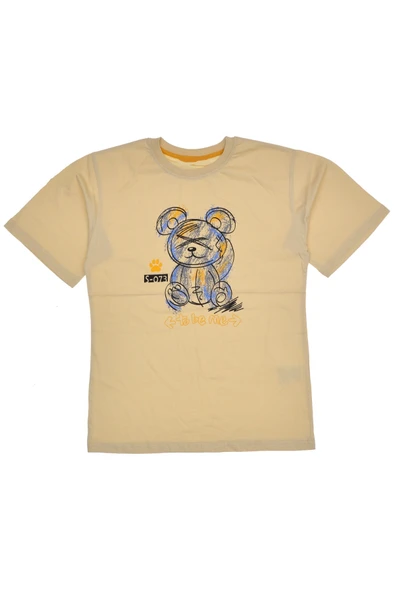 Kız Çocuk To Be Me Yazı Ayıcık Desenli Likralı Bej Renk Tişört