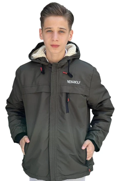 Erkek Çocuk New Wolf Yazılı Fermuar Cepli İçi Peluş Astarlı Haki Renk İnce Mont - 1