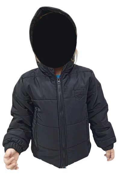 Erkek Çocuk Spedy Armalı Kapüşonu Sabit Fermuar Cepli İçi Peluş Astarlı Siyah Mont - 2