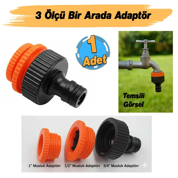 Adaptör 3 Farklı Ölçülü Hortum Bağlantı Aparatı Eki 1/2" - 3/4" - 1" MD306 Bahçe Hortum Ucu Plastik - Resim 2
