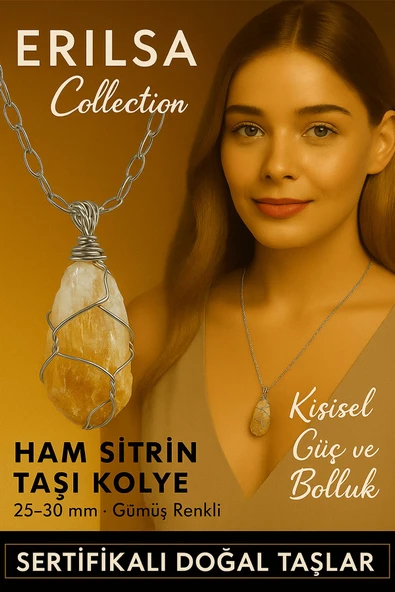 Sertifikalı Gümüş Tel Sargılı Diş Formu Sitrin Taşı Kolye – 25-30 mm Bereket ve Enerji Taşı ürün görseli