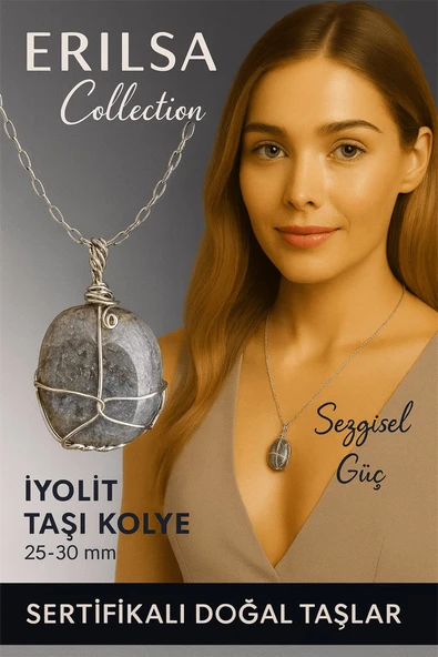 Sertifikalı Gümüş Tel Sargılı Doğal İyolit Taşı Kolye – 25-30 mm Sezgi ve Ruhsal Denge Taşı ürün görseli