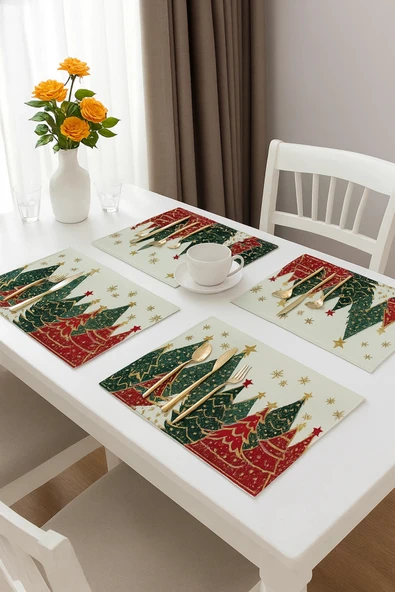 Valerine Life Noel Yılbaşı Çam Ağacı Amerikan Servis Altlığı Kaymaz Yıkanır 6 Kişilik Masa Örtüsü - Resim 3