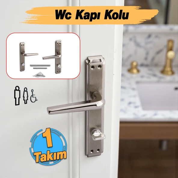 WC Banyo İç Kapı 1 Takım Kendinden Kilitli Kol Kolu Aynalı Sağa Sola Uygun Nikel Saten Metal Tutamak - Resim 2