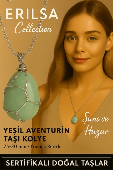 Sertifikalı Gümüş Tel Sargılı Doğal Aventurin Taşı Kolye – 25-30 mm Şans ve Denge Taşı ürün görseli