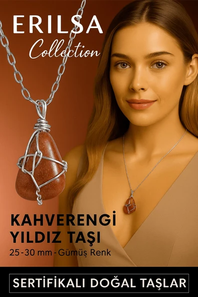 Sertifikalı Gümüş Tel Sargılı Doğal Kahverengi Yıldız Taşı Kolye – 25-30 mm Enerji ve Parıltı Taşı ürün görseli