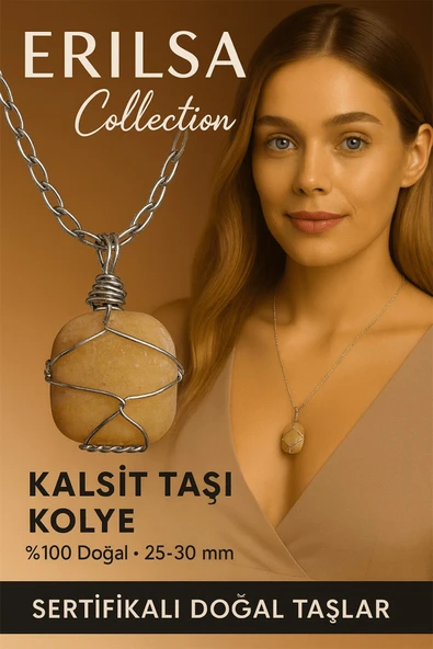 Sertifikalı Gümüş Tel Sargılı Doğal Kalsit Taşı Kolye – 25-30 mm Enerji ve Canlılık Taşı ürün görseli