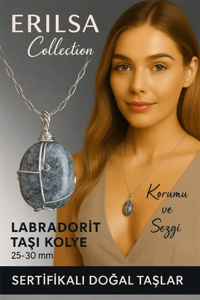 Sertifikalı Gümüş Tel Sargılı Doğal Labradorit Taşı Kolye – 25-30 mm Sezgi ve Koruma Taşı ürün görseli