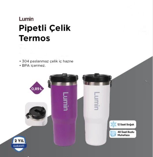 Lumin Flask Lumin Quencher Tumbler 0,89 Litre Vakum Yalıtımlı Termos Bardak Kapaklı ve Pipetli Termos