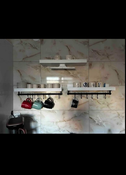 İkili Kahve Köşesi Rafı Ve 6'lı Demir Fincan Askılığı 70cm-16cm Ölçülerinde - 3