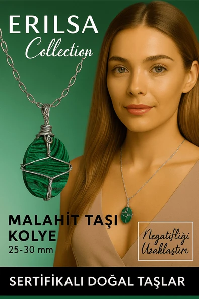 Sertifikalı Gümüş Tel Sargılı Doğal Malakit Taşı Kolye – 20-25 mm Koruma ve Dönüşüm Taşı ürün görseli