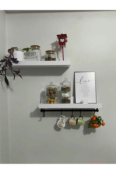 İkili Kahve Köşesi Rafı Ve 6'lı Demir Fincan Askılığı 70cm-16cm Ölçülerinde