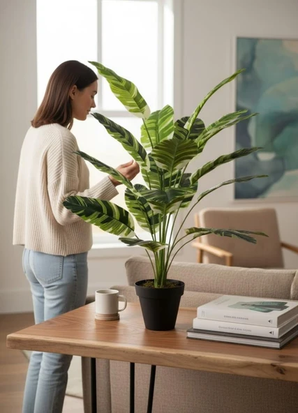 Yapay Çiçek Çizgili Muz Yapraklı Alaca Starliçe Salon Çiçeği 18Dal 80*50cm Yapay Bitki - Resim 2