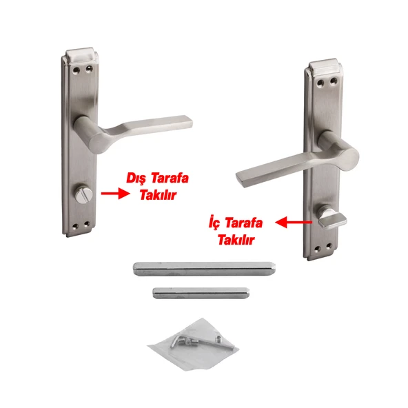 WC Banyo İç Kapı Kendinden Kilitli Kol Kolu Aynalı Sağa Sola Uygun Saten Renk Kapı Tutamağı 1 Takım - Resim 3