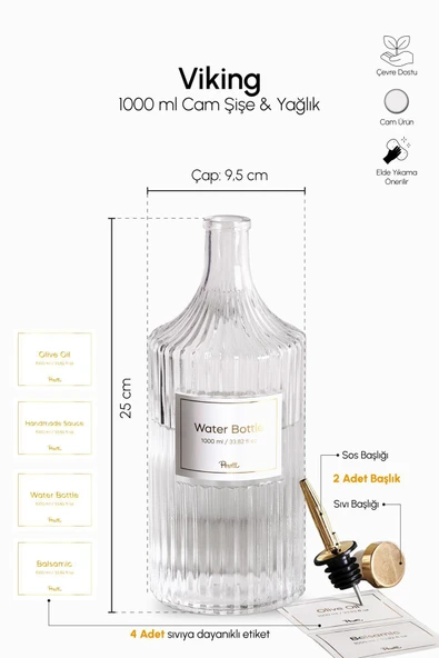 Perotti Viking 1000 ml Cam Şişe ve Yağlık Kapaklı Çift Kapaklı Gold - Resim 3