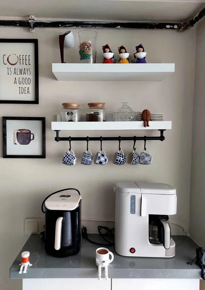 İkili Kahve Köşesi Rafı Ve 6'lı Demir Fincan Askılığı 70cm-16cm Ölçülerinde - 5