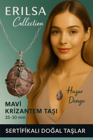 Sertifikalı Gümüş Tel Sargılı Doğal Mavi Krizantem Taşı Kolye – 20-25 mm Huzur ve Farkındalık Taşı ürün görseli