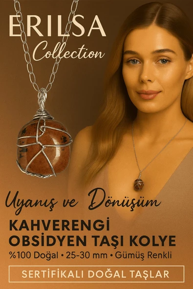 Sertifikalı Gümüş Tel Sargılı Kahverengi Obsidyen Taşı Kolye – 30-35 mm Koruma ve Dönüşüm Taşı ürün görseli