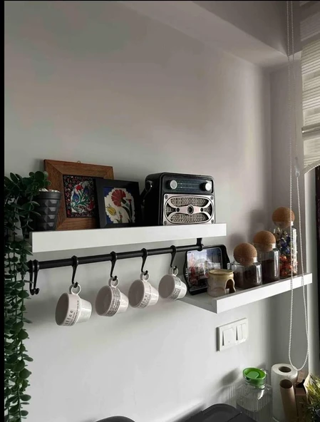 İkili Kahve Köşesi Rafı Ve 6'lı Demir Fincan Askılığı 70cm-16cm Ölçülerinde - 4