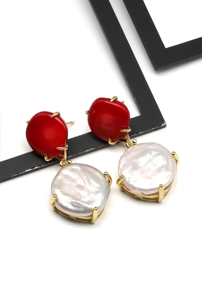 Mercan-İnci Doğal Taş Sallantılı Küpe - KP-0273 - Resim 2