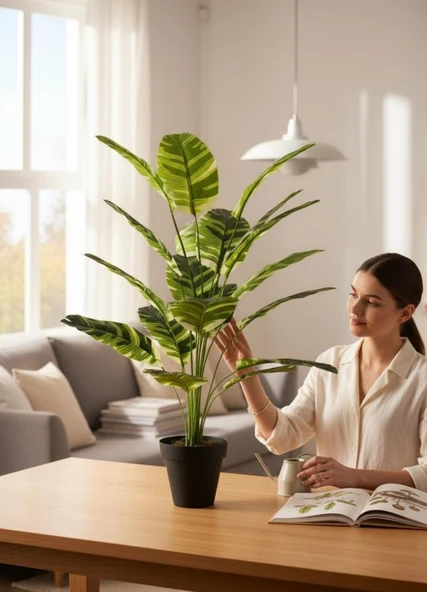 Yapay Çiçek Çizgili Muz Yapraklı Alaca Starliçe Salon Çiçeği 18Dal 80*50cm Yapay Bitki - Resim 3