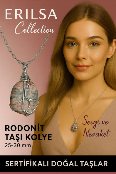 Sertifikalı Gümüş Tel Sargılı Doğal Rodonit Taşı Kolye – 25-30 mm Sevgi ve Şefkat Taşı ürün görseli