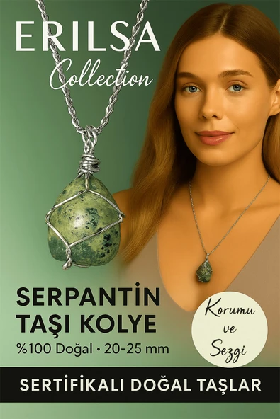 Sertifikalı Gümüş Tel Sargılı Serpantin Yılan Taşı Kolye – 20-25 mm Denge ve Arınma Taşı ürün görseli