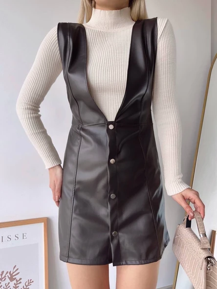 Deri jile elbise kahve w24796 - 1