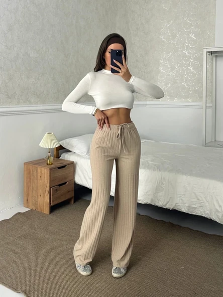 Fitilli şardonlu pantolon bej - 5