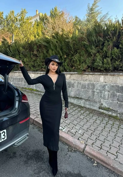 Fermuar detaylı fitilli şardonlu elbise siyah - 6