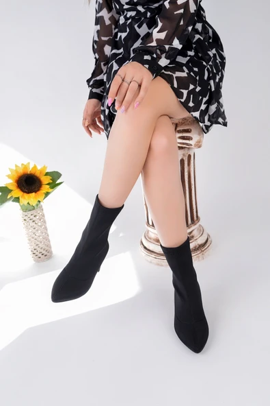 Muggo MAGNUS Sivri Burun Kalın Topuklu Kadın Streç Bot - 7