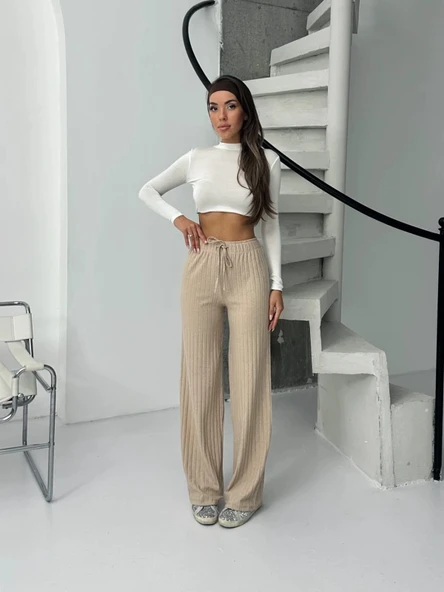 Fitilli şardonlu pantolon bej - 1