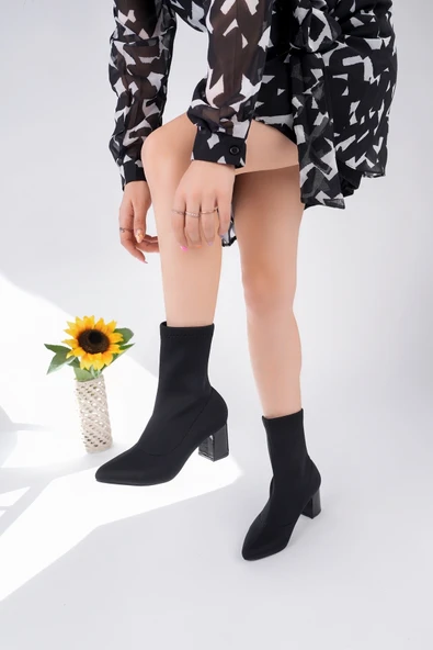 Muggo MAGNUS Sivri Burun Kalın Topuklu Kadın Streç Bot - 6