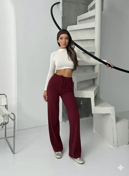 Fitilli şardonlu pantolon bordo - 3