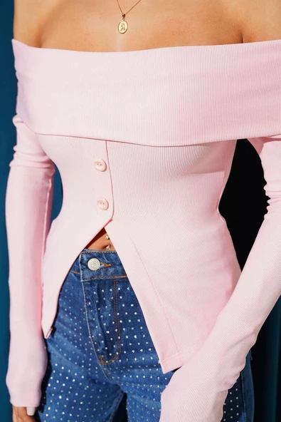 Madonna Yaka Düğmeli Bluz pembe - 2