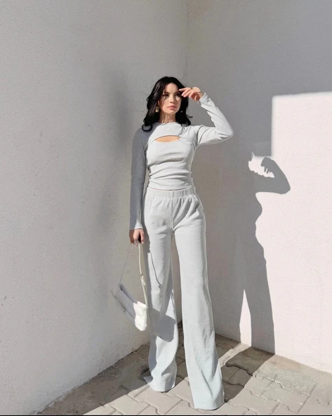 Pencereli detaylı alt üst takım gri - Resim 2