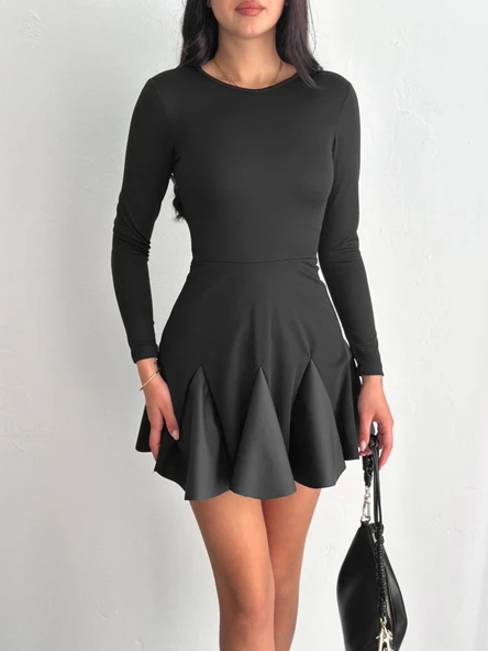 Eteği kloş crep mini elbise s1267 - 1