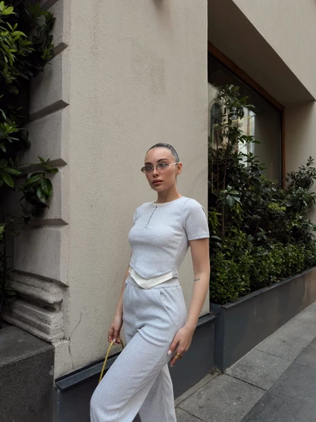 Düğme yakalı gri alt üst takım s3943 - Resim 3