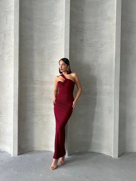 Krinkıl tek omuz uzun elbise bordo s25455 - Resim 6