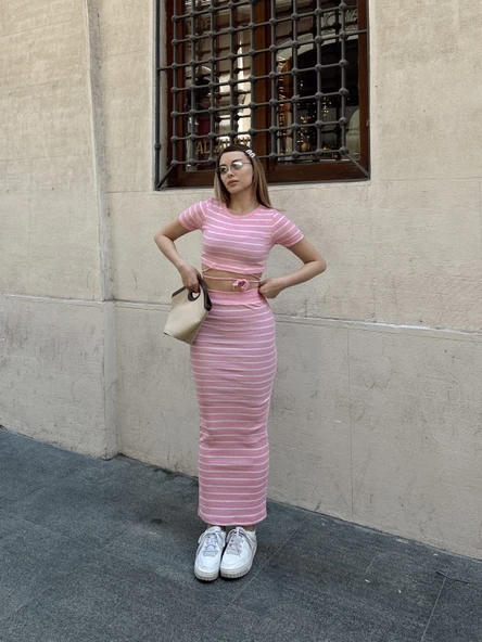 Çizgili etekli takım pembe s3609 - 1