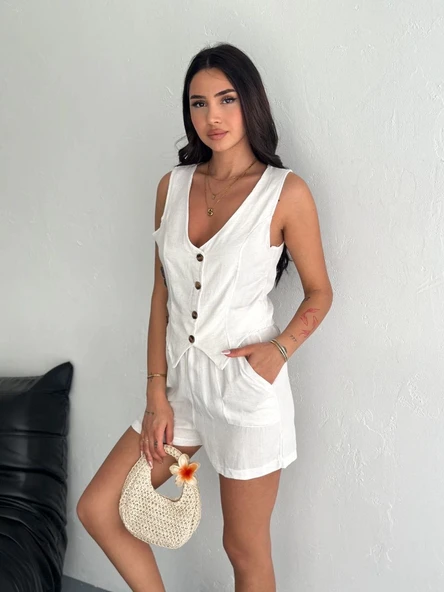 Kadın keten şort yelek takım s3461 - Resim 6