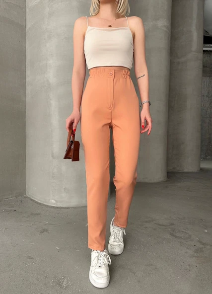 Beli lastikli karamel pantolon - 1
