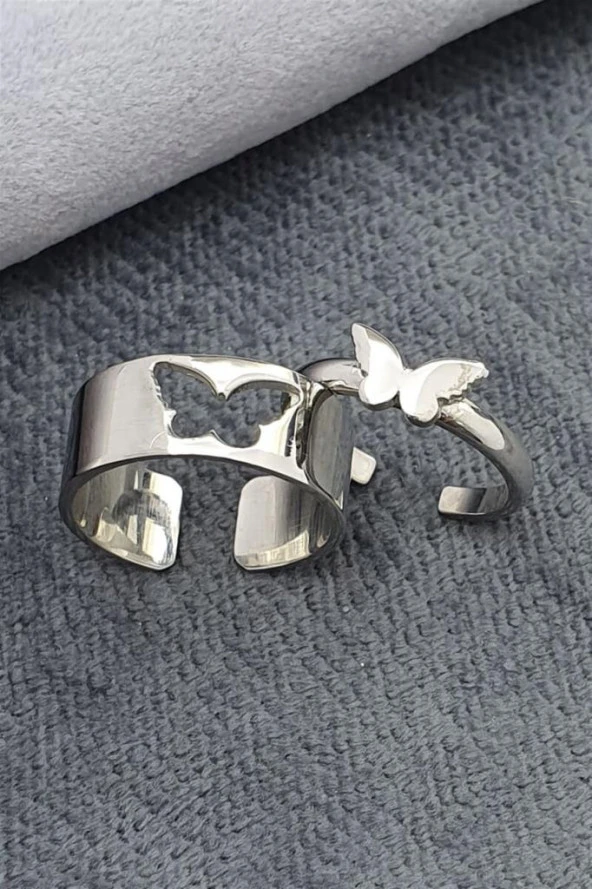 Kelebek Motifli Ayarlanabilir 925 Gümüş Çift Alyans Yüzük - 3