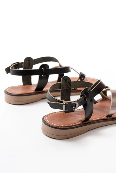 205-08 Siyah Garni  Ortopedik Hakiki Deri Kadın Sandalet - 5