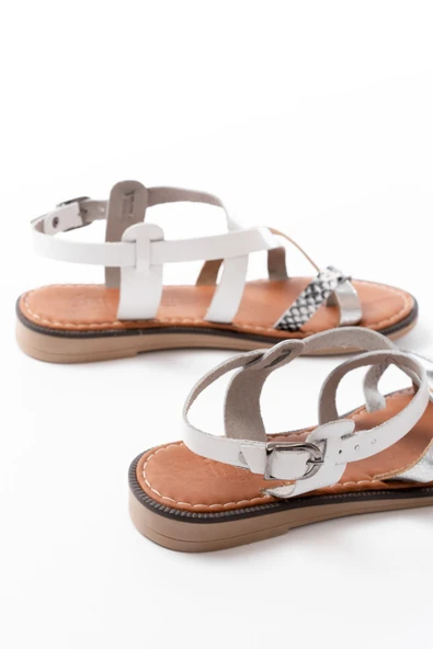 205-08 Beyaz Garni Ortopedik Hakiki Deri Kadın Sandalet - 5