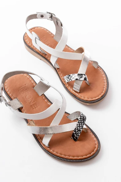 205-08 Beyaz Garni  Ortopedik Hakiki Deri Kadın Sandalet - 4