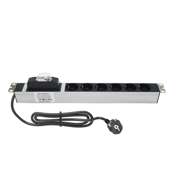 19" 1U 6'Lı Schuko Sigortalı Aluminyum Rack Kabin Grup Priz Pdu - Resim 2